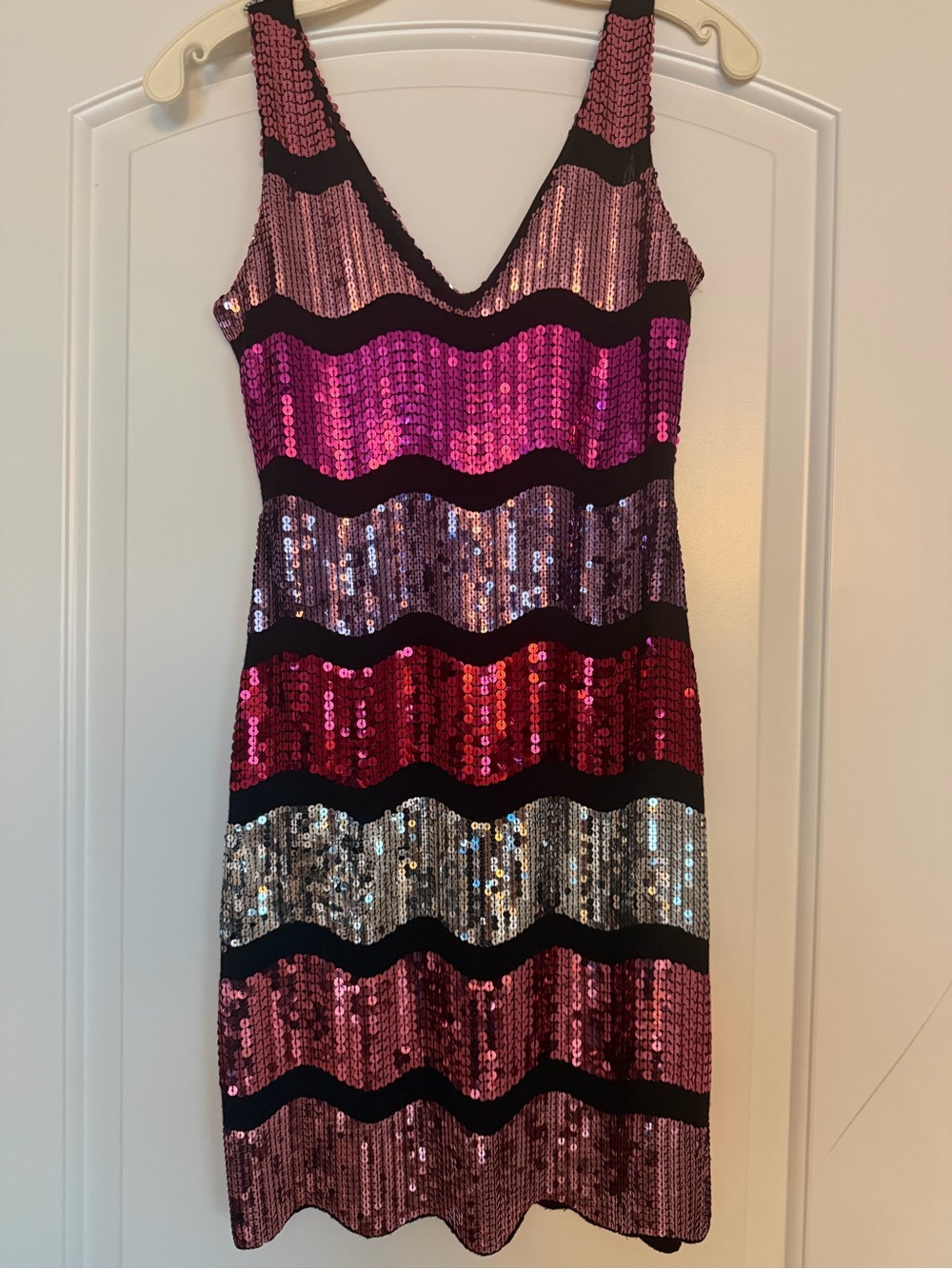 Snap Zigzag Sequin Mini Dress in Pink, Red & Silver